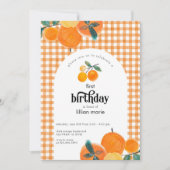 Oranje Gingham Citrus Birthday Uitnodiging (Voorkant)