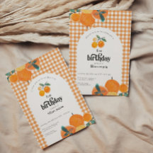 Oranje Gingham Citrus Birthday Uitnodiging