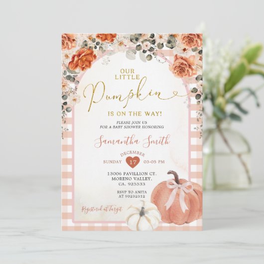 Oranje Gingham Floral Pompoen Herfst Baby shower Kaart (Staand voorkant)