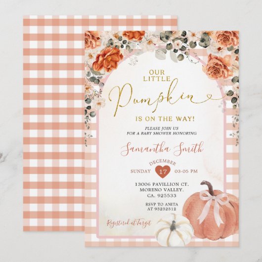 Oranje Gingham Floral Pompoen Herfst Baby shower Kaart (Voorkant / Achterkant)