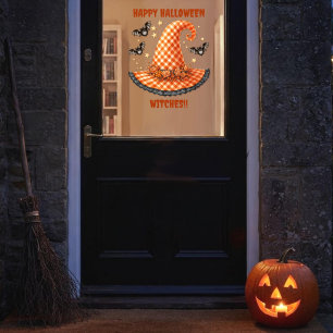 Oranje Gingham Halloween Heksenhoed En Vleermuizen Raamsticker