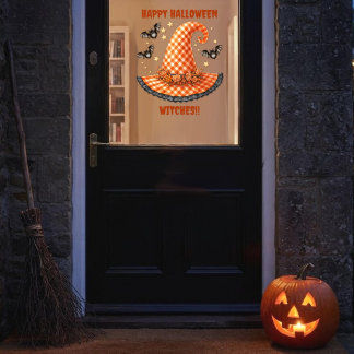 Oranje Gingham Halloween Heksenhoed En Vleermuizen Raamsticker