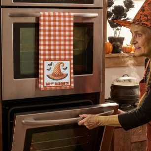 Oranje Gingham Halloween Heksenhoed en Vleermuizen Theedoek