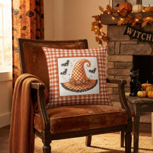 Oranje Gingham Halloween Heksenhoed & Vleermuizen Kussen