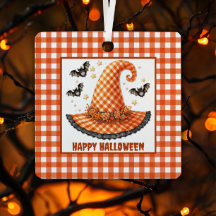 Oranje Gingham Halloween Heksenhoed & Vleermuizen Metalen Ornament