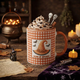 Oranje Gingham Halloween Heksenhoed & Vleermuizen Mok