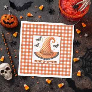 Oranje Gingham Halloween Heksenhoed & Vleermuizen Servet