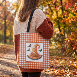 Oranje Gingham Halloween Heksenhoed & Vleermuizen Tote Bag