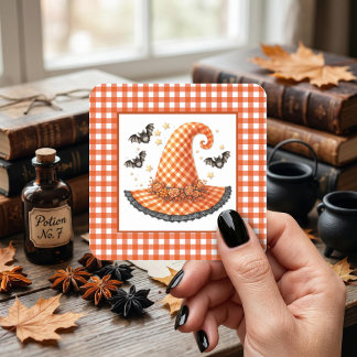 Oranje Gingham Halloween Heksenhoed & Vleermuizen Vierkante Sticker