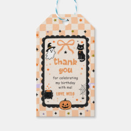 Oranje Gingham Halloween Verjaardagsfeest Cadeaulabel