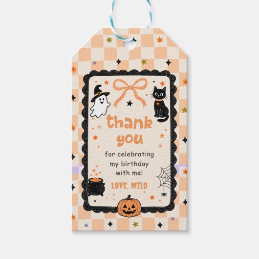 Oranje Gingham Halloween Verjaardagsfeest Cadeaulabel (Voorkant)