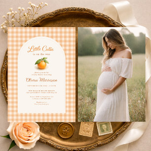 Oranje Gingham Kleine Schat Foto Baby Shower Kaart