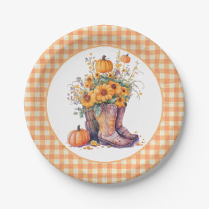 Oranje Gingham Land Bloemen Herfst Papieren Bordje