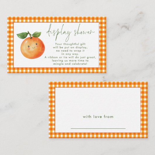 Oranje Gingham Little Cutie Display Baby shower Informatiekaartje (Voorkant / Achterkant)
