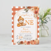 Oranje Gingham Onze kleine pompoen 1e verjaardag Kaart (Staand voorkant)