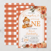 Oranje Gingham Onze kleine pompoen 1e verjaardag Kaart (Voorkant / Achterkant)