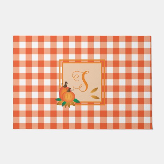 Oranje Gingham Pattern Herfst Monogram Deurmat (Voorkant)