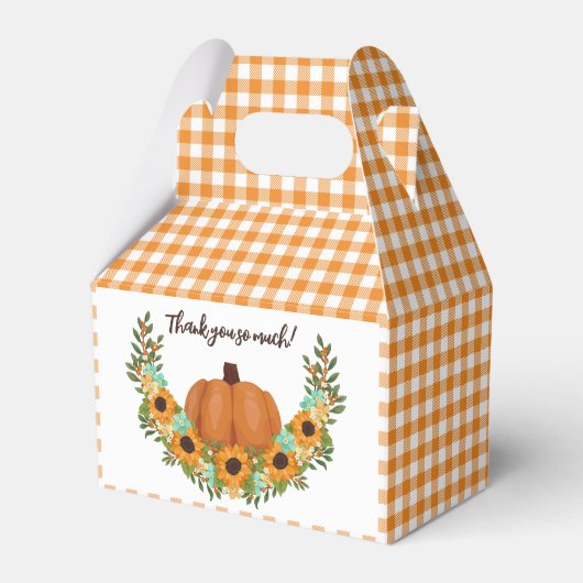 Oranje Gingham Pompoen & Zonnebloemen Dank je wel Bedankdoosjes (Voorkant Zijde)