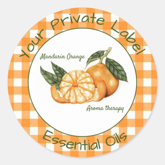 Oranje Gingham Private Essential Oils label (Voorkant)