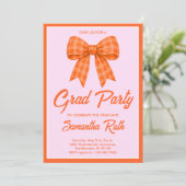 Oranje Gingham Strik Afstudeerfeest Kaart (Staand voorkant)