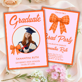 Oranje Gingham Strik Feestfoto Afstudeerfeest Kaart