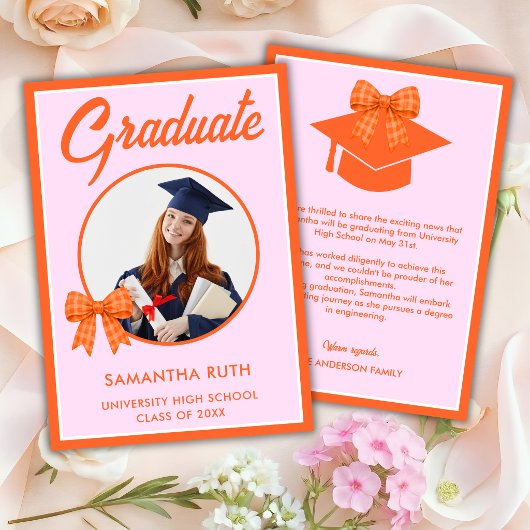 Oranje Gingham Strik Foto Afstudeer Uitnodiging