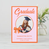 Oranje Gingham Strik Foto Afstudeer Uitnodiging (Staand voorkant)