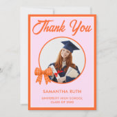 Oranje Gingham Strik Foto Afstuderen Bedankkaart (Voorkant)