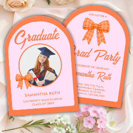 Oranje Gingham Strikende Boog Foto Afstudeerfeest Kaart