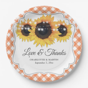Oranje Gingham Sunflower Love and Bedankt Wedding Papieren Bordje