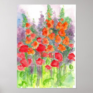 Oranje Gladiolas Red Poppy Flower Waterverf Poster