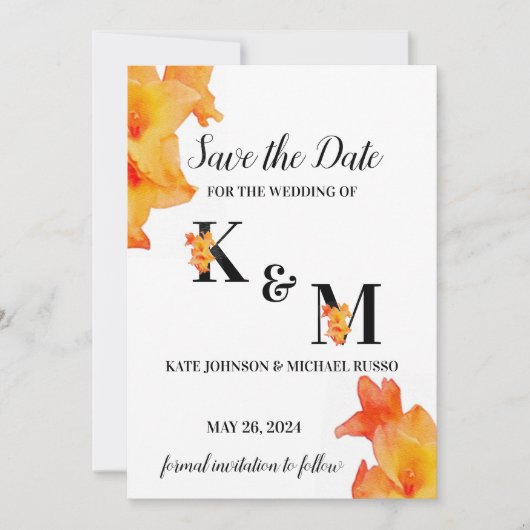 Oranje Gladiolus Flower Waterverf Save The Date (Voorkant)