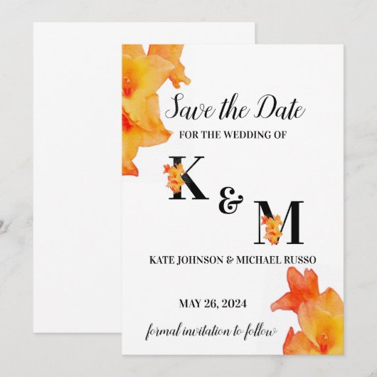 Oranje Gladiolus Flower Waterverf Save The Date (Voorkant / Achterkant)