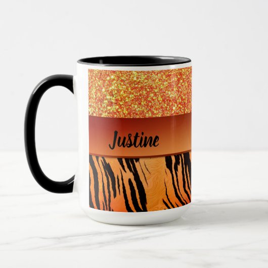 Oranje Glam Glitter Tijger Print gepersonaliseerd Mok (Links)