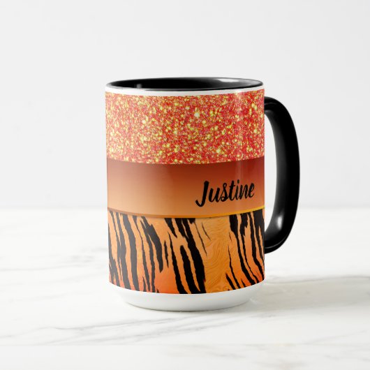Oranje Glam Glitter Tijger Print gepersonaliseerd Mok (Voorkant rechts)