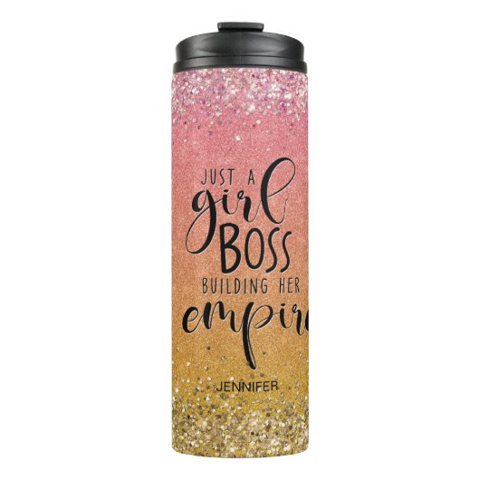 Oranje Glitter Girl Boss Name Building Empire Thermosbeker (Voorkant)