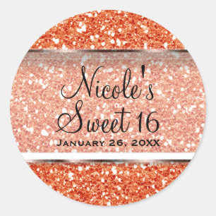 Oranje Glitter Glam Sweet 16 Aangepast Feest Favor Ronde Sticker