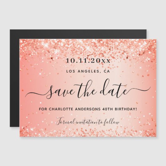 Oranje glitter op de geboorte, behalve de datummag magnetische uitnodiging (Voorkant / Achterkant)