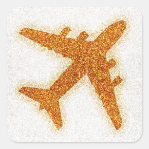 Oranje glitter vliegtuig ronde sticker labels