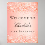 Oranje glitter welkom op Birthday party Poster<br><div class="desc">Een welkomstbanner voor een meisje en glamoureus 21ste (of om het even welke leeftijd) verjaardagsfeest. Een oranje gradiëntachtergrond gedecoreerd met faux glitter sparkles. Personaliseer en voeg een naam en leeftijd 21 toe.</div>