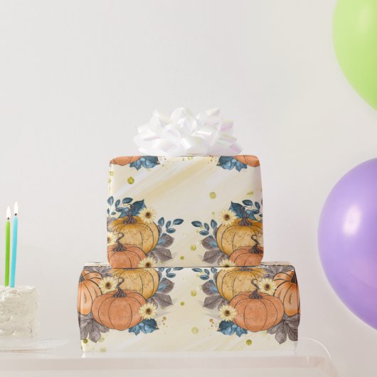 Oranje glitterpompoenen op glitterige gele Bedankt Cadeaupapier (Feestgeschenken)