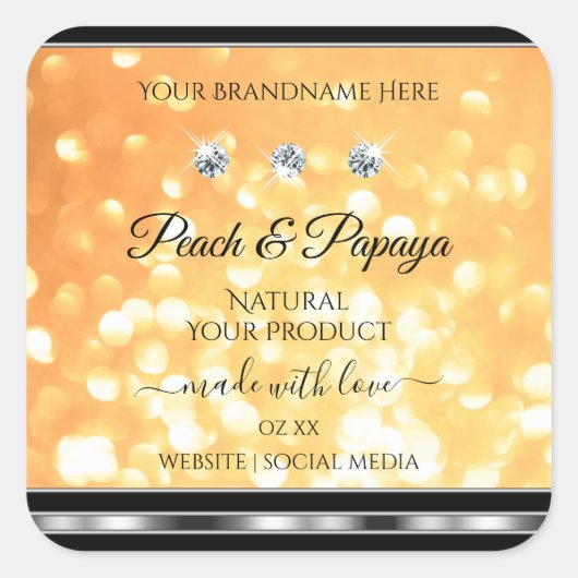 Oranje Glitterproductetiketten Mousserende diamant Vierkante Sticker (Voorkant)
