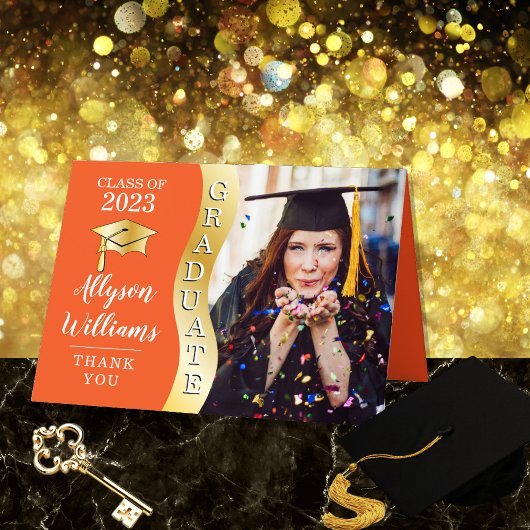 Oranje | Gold Afstuderen Wave Afstudeerder Pet Fot Bedankkaart