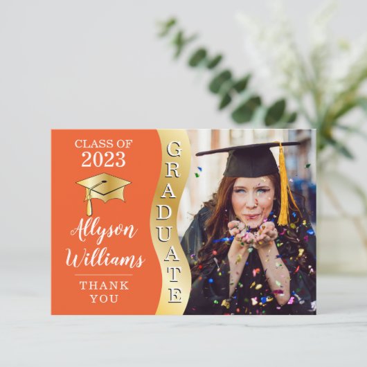 Oranje | Gold Afstuderen Wave Afstudeerder Pet Fot Bedankkaart (Staand voorkant)