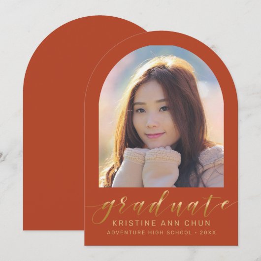 Oranje Gold Arch Photo Afstuderen aangekondigd Kaart (Voorkant / Achterkant)