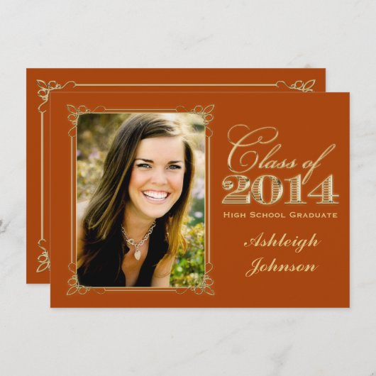 Oranje Gold Class of 2014 Photo Afstuderen Invite Kaart (Voorkant / Achterkant)