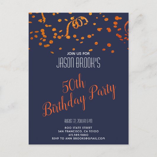 Oranje Gold Glitter Confetti Black 50th Birthday Uitnodiging Briefkaart (Voorkant)