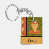 Oranje Gold Green Coffee Cup Art Custom Name Sleutelhanger (Voorkant Links)
