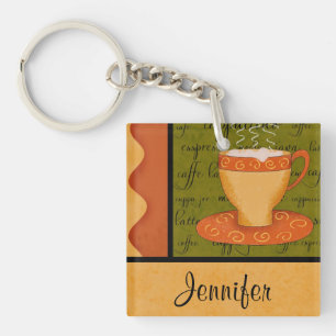 Oranje Gold Green Coffee Cup Art Custom Name Sleutelhanger