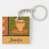 Oranje Gold Green Coffee Cup Art Custom Name Sleutelhanger (Achterkant)